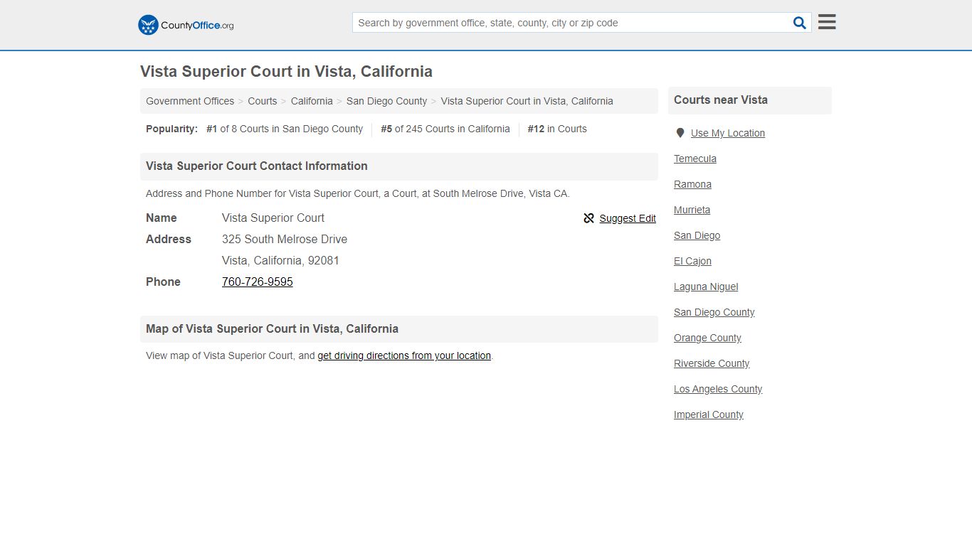 Vista Superior Court - Vista, CA (Address and Phone) - County Office